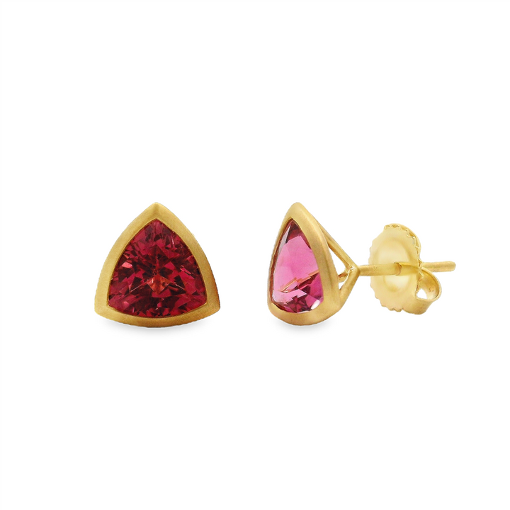 18K Yellow Gold Trillion-Cut Pink Tourmaline Bezel Stud Earrings – 2.59ctw.