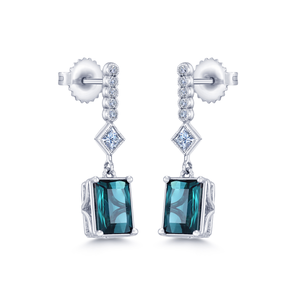 14K White Gold Blue Green Tourmaline & Diamond Earrings