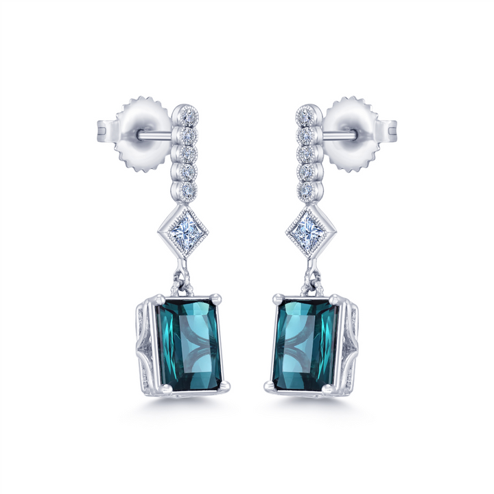 14K White Gold Blue Green Tourmaline & Diamond Earrings