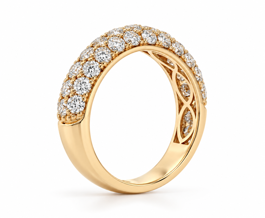 14K Yellow Gold Domed Three-Row Pavé Natural Diamond Band – 1.95ctw