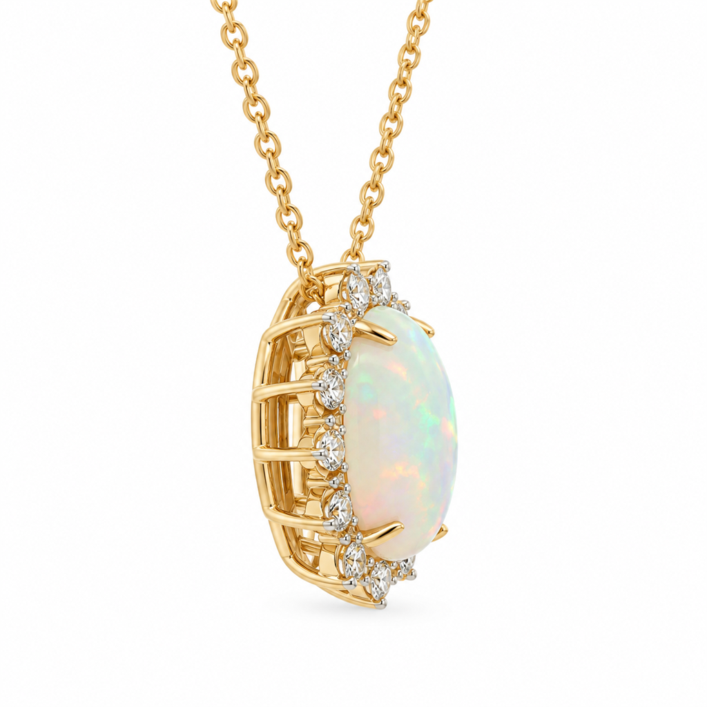 14K Yellow Gold & Platinum Ethiopian Opal and Diamond Halo Pendant Necklace – 3.77ctw