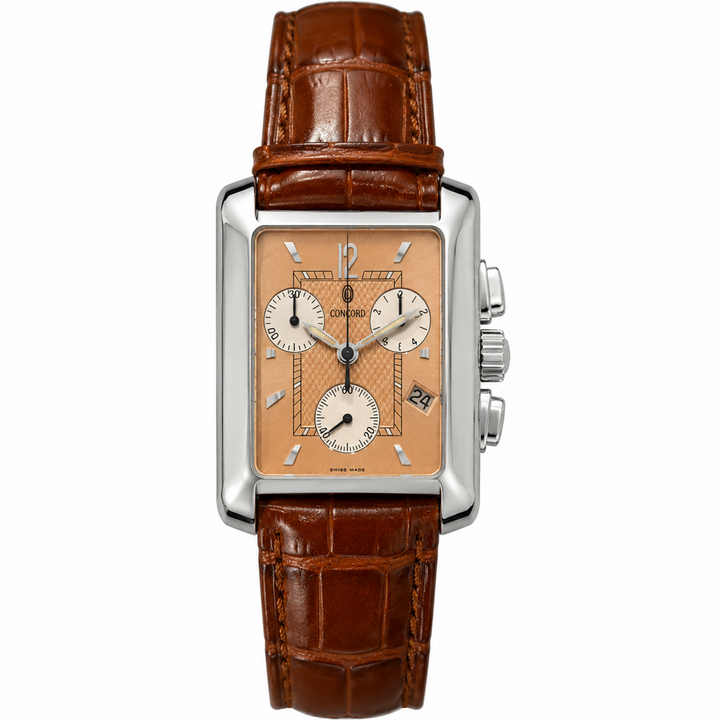 Concord 30mm Stainless Steel Quartz Chronograph Watch Salmon Dial on Brown Leather Strap with Box