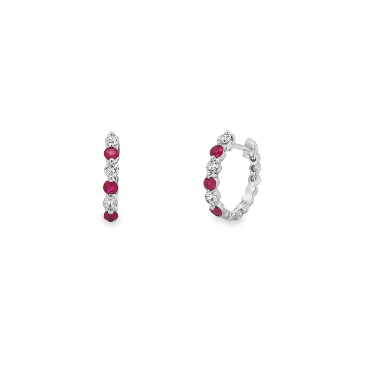 14K White Gold Diamond and Ruby Huggie Earrings – 0.42ctw.