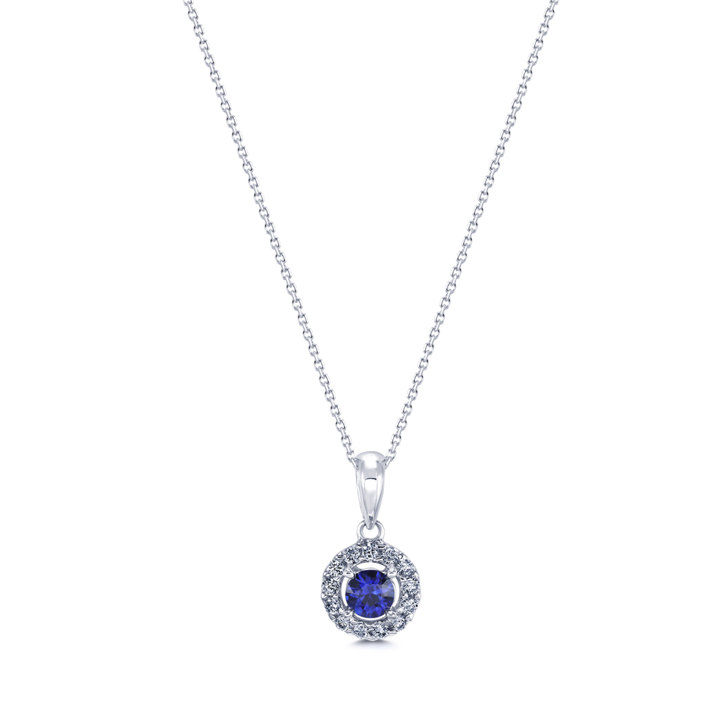 14K White Gold Sapphire & Diamond Halo Pendant 0.22ct/0.12ctw.