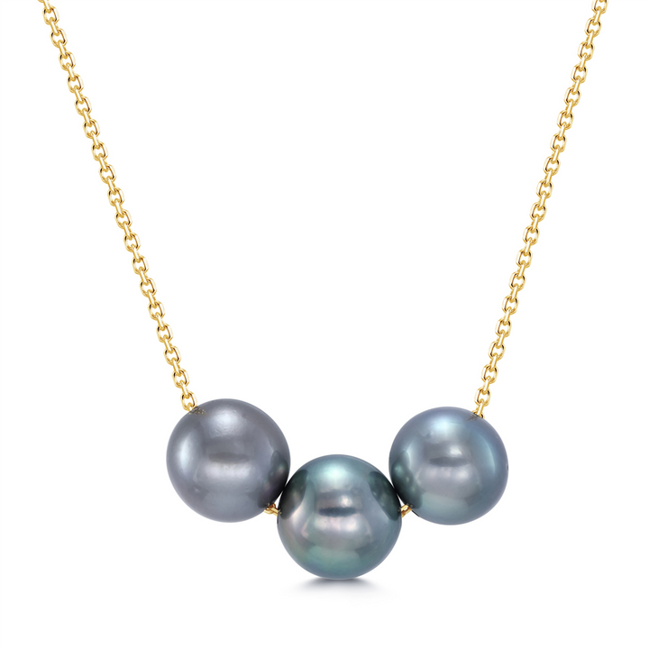 14K Yellow Gold Diamond Cut Rolo Chain With Three Tahitian Pearls