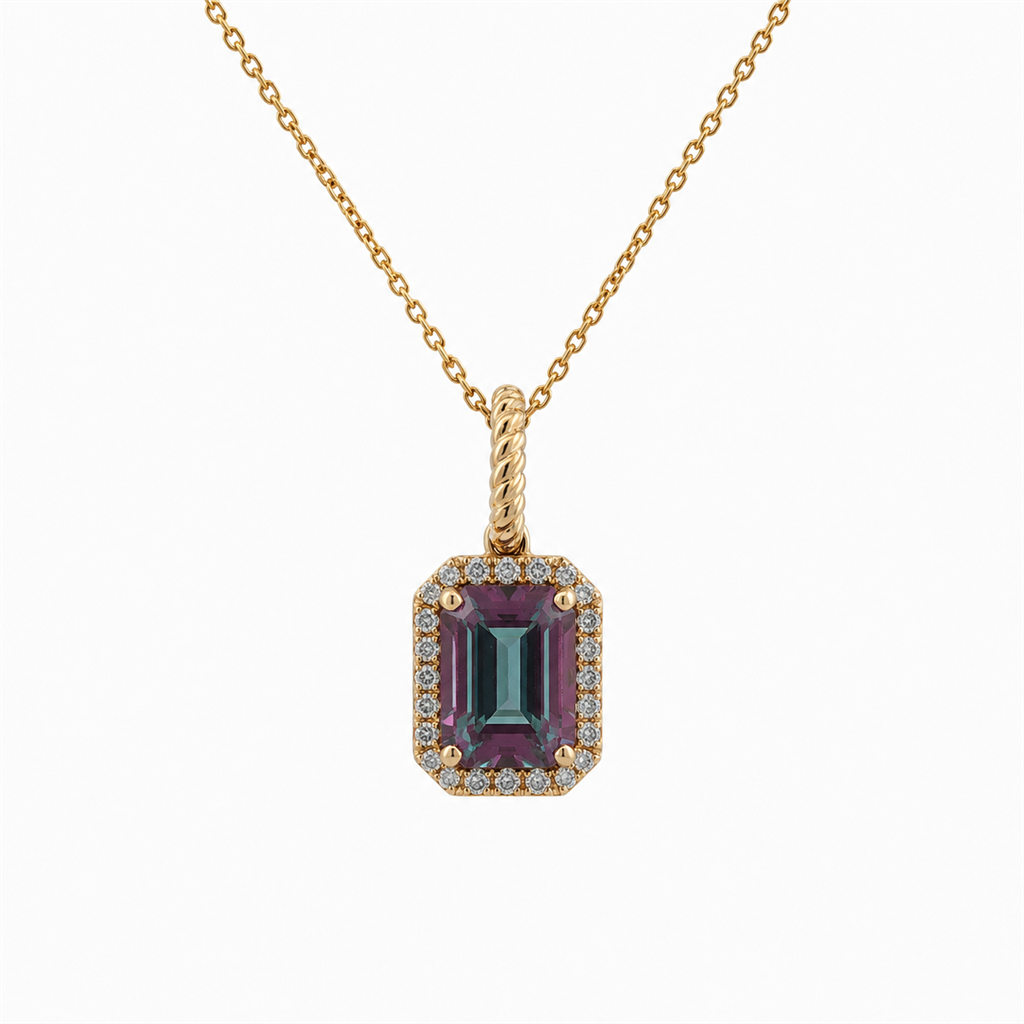 14K Yellow Gold Lab Alexandrite & Natural Diamond Halo Pendant
