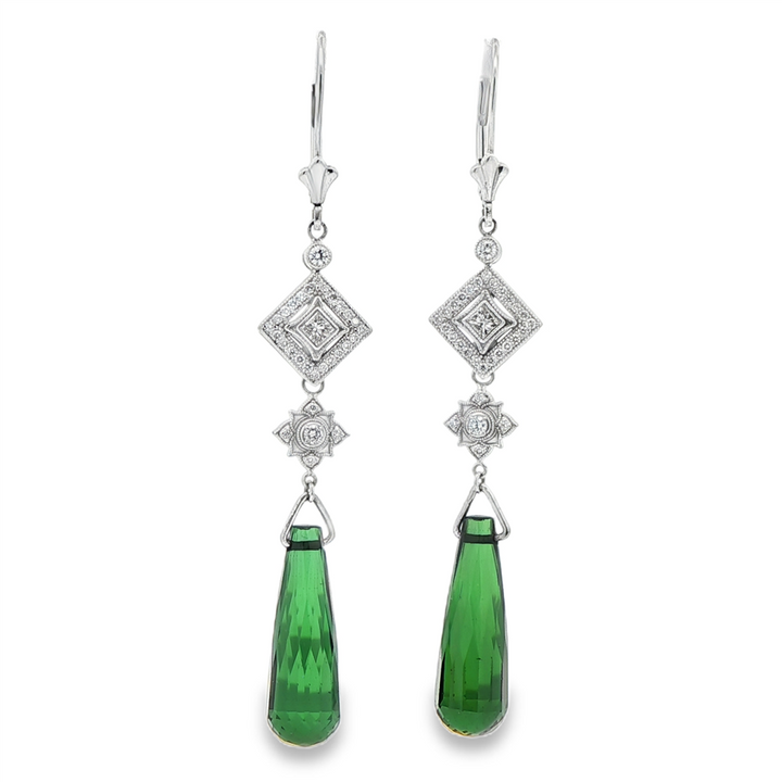 18K White Gold Briolette Green Tourmaline & Diamond Drop Earrings – 19.5ctw Tourmaline, 0.60ctw Diamonds