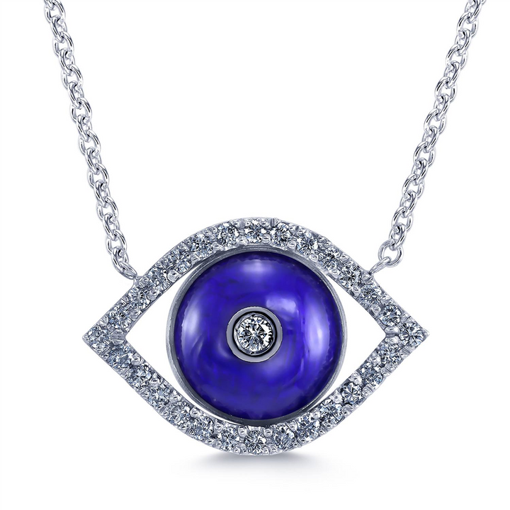 18K White Gold Evil Eye Blue Enamle & Diamond Necklace 0.30ctw.