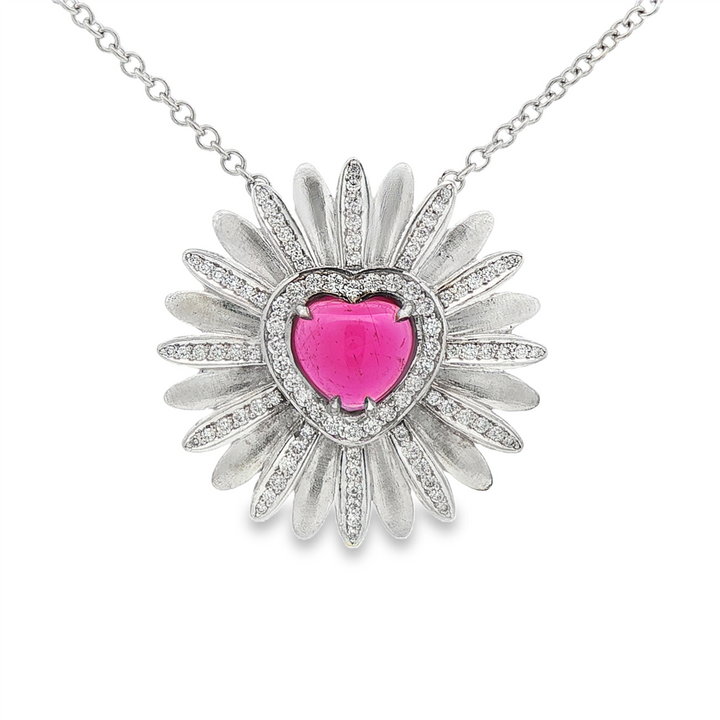 18K White Gold Natural Diamond Estate Daisy Flower Necklace with Rubellite Tourmaline