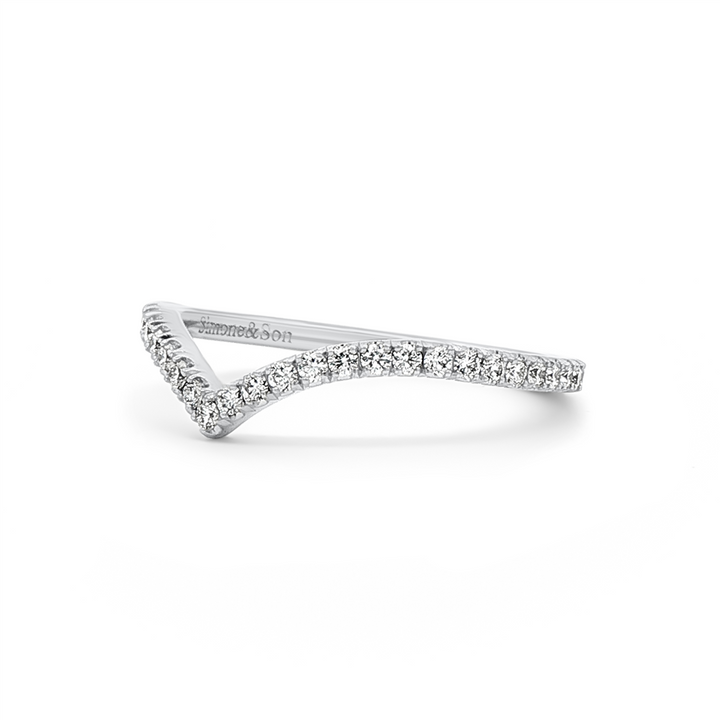 14K White Gold Round Natural Diamond Slight Chevron Wedding Band