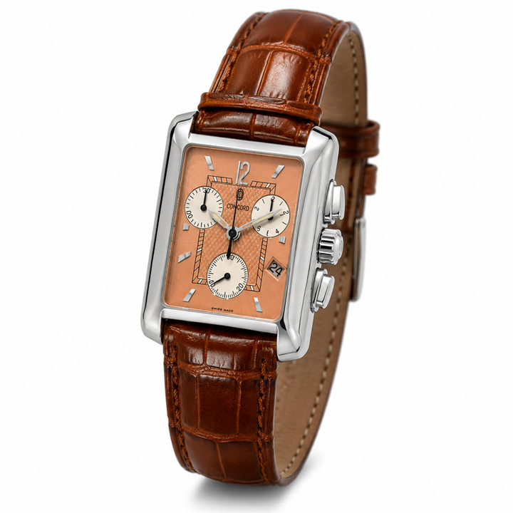Concord 30mm Stainless Steel Quartz Chronograph Watch Salmon Dial on Brown Leather Strap with Box