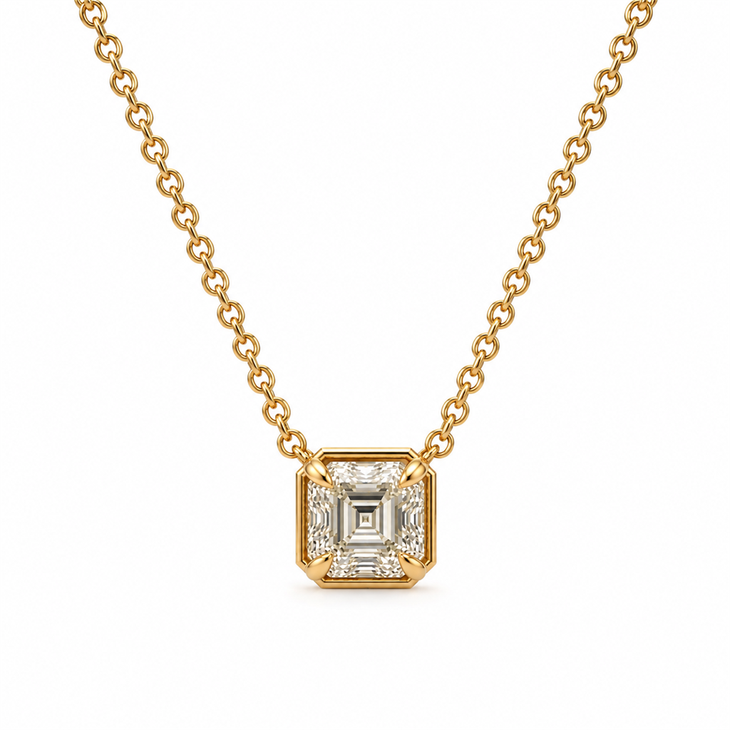 14K Yellow Gold Natural Diamond Bezel Pendant Necklace –1.21ct. Square Emerald Cut Diamond (GIA), 18" Rolo Chain