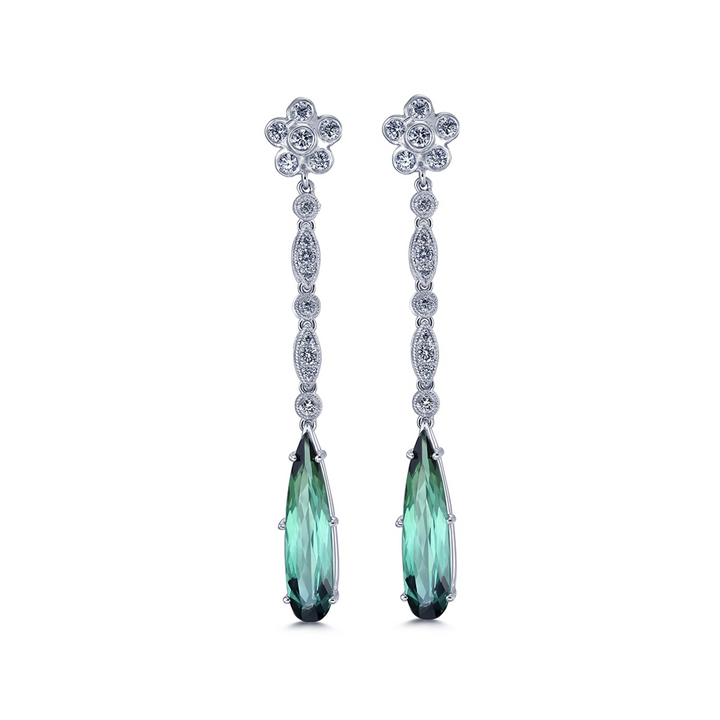 18K White Gold Dangling Tourmaline & Diamond Earrings