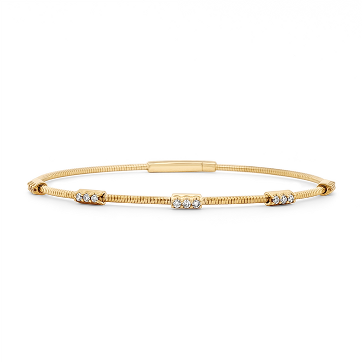 14K Yellow Gold Diamond Twist Bar Flexi Bangle – 0.22ctw Natural Diamonds, 4.6g