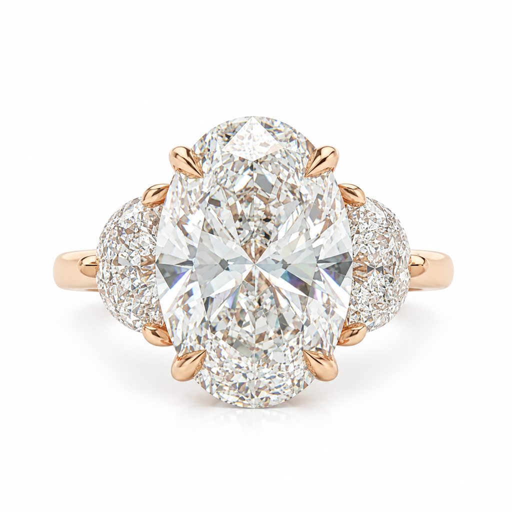 3 Stone Oval Diamond With Half Moon Shaped Diamonds Engagement Ring