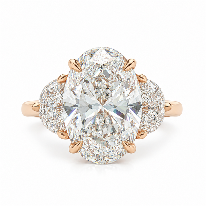 3 Stone Oval Diamond With Half Moon Shaped Diamonds Engagement Ring