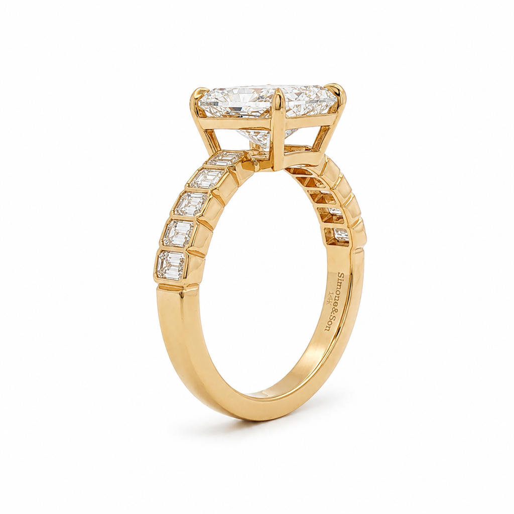 14K Yellow Gold Lab Grown Radiant Cut Diamond With Bezel Set Emerald Cut Engagement Ring – 3.93ctw.