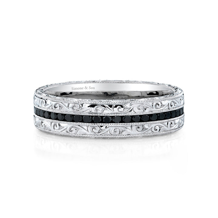 14k White Gold - Hand Engraved Black Diamond Eternity Band