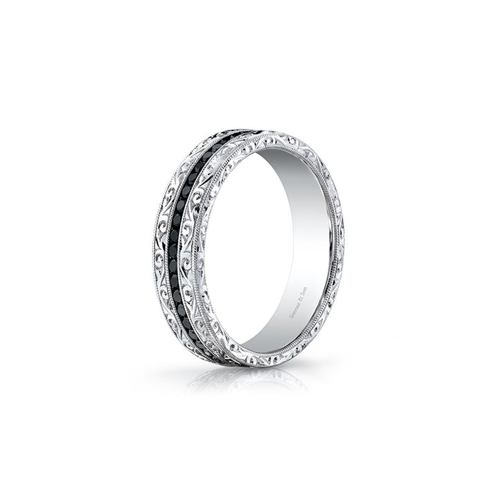 14k White Gold - Hand Engraved Black Diamond Eternity Band