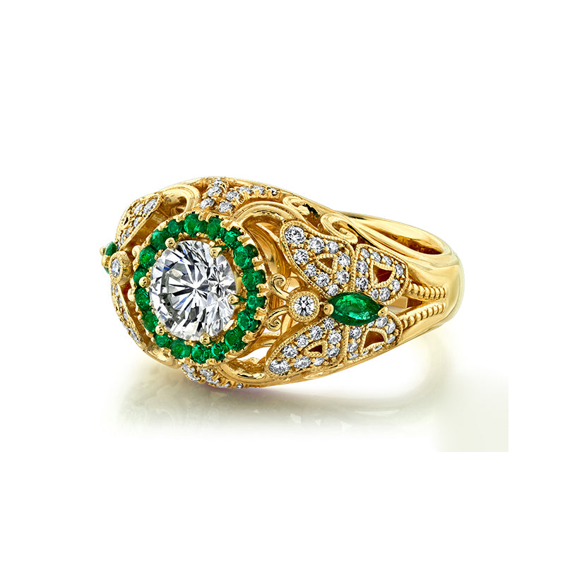 14K Yellow Gold Emerald & Diamond Butterfly Ring