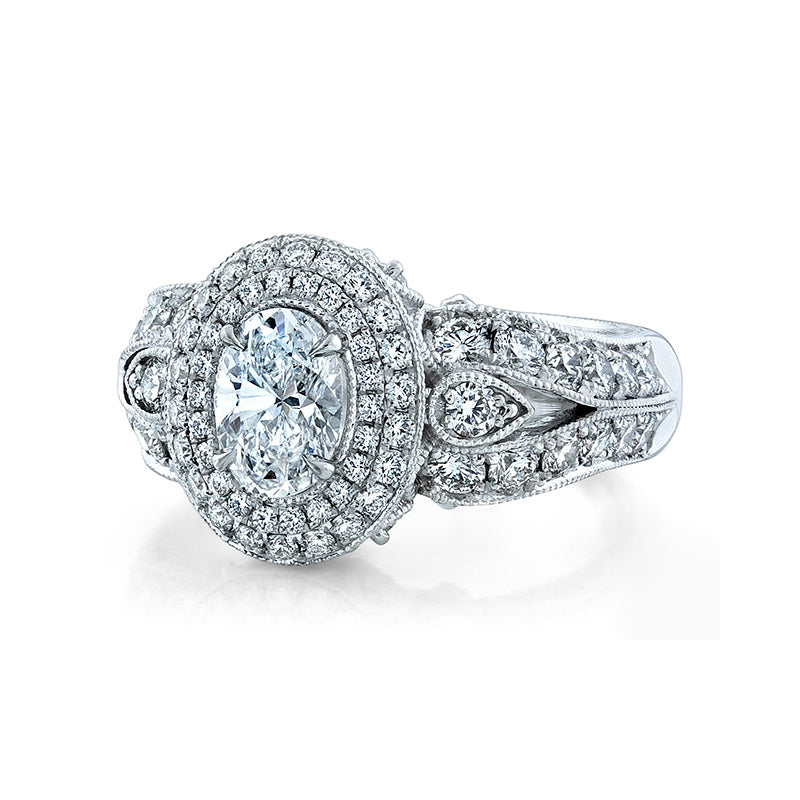 14K White Gold Custom Oval Diamond & double halo Ring