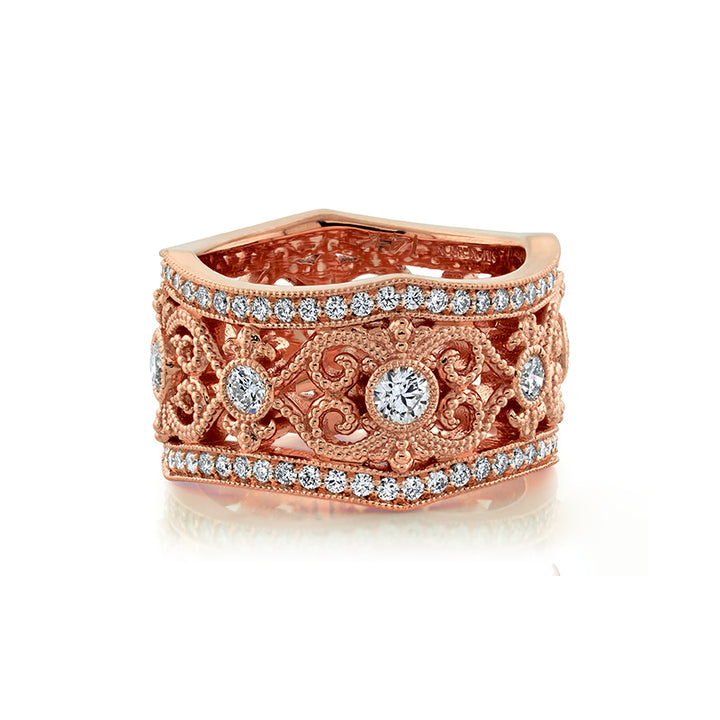 14k Rose Gold - Diamond Lace Wedding Band With Diamond Pave 1.41ctw