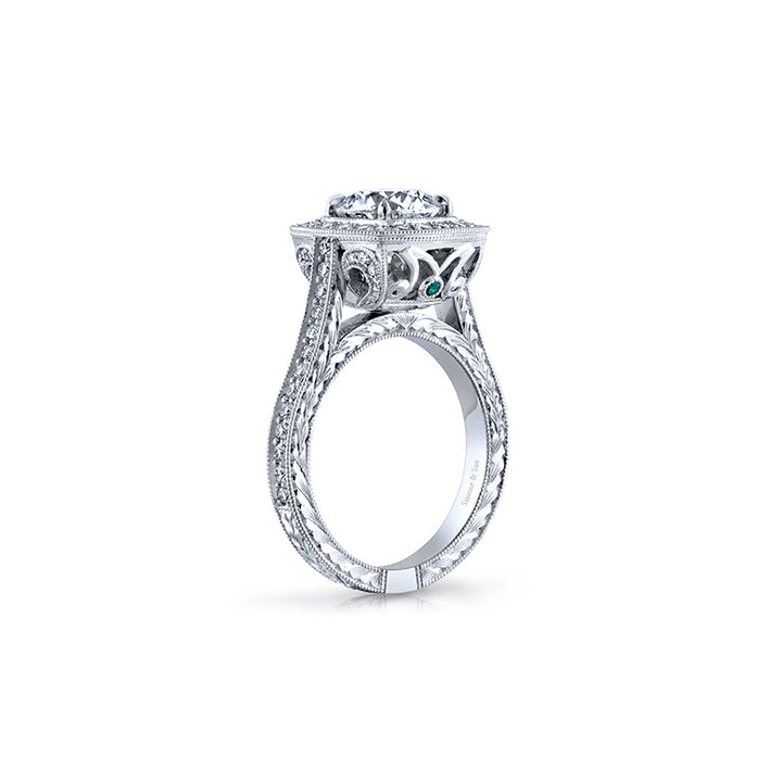 18K White Gold Custom Engagement Ring with Hand Engraving