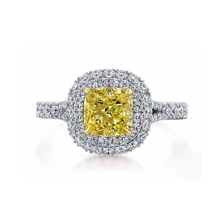 14k White Gold - 1.60ct Fancy Yellow Cushion Cut Diamond Engagement Ring