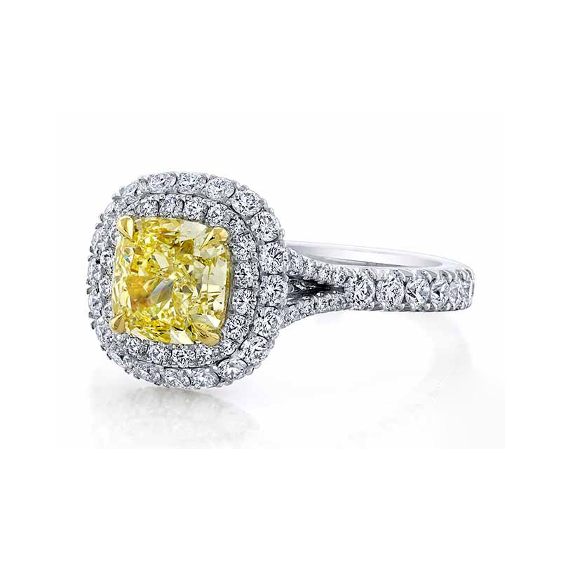 14k White Gold - 1.60ct Fancy Yellow Cushion Cut Diamond Engagement Ring