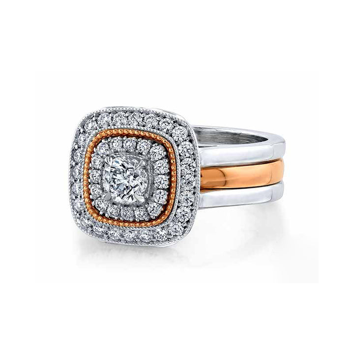 14K White Gold Custom Engagement Ring with a double halo and a 14K Rose Gold wedding band