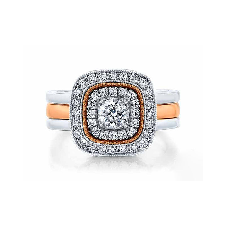 14K White Gold Custom Engagement Ring with a double halo and a 14K Rose Gold wedding band