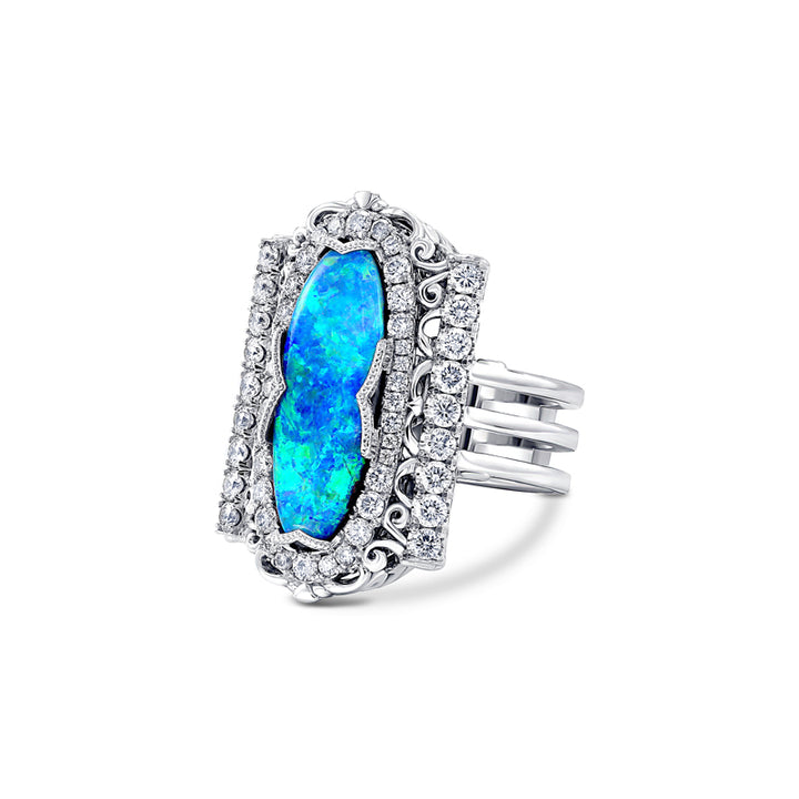 14K White Gold Boulder Opal Byzantine Ring